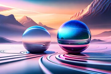 Wall Mural - Iridescent crystal spheres with ring 3d render. Glass futuristic planet, abstract space composition of geometric shapes with holographic gradient texture, isolated cosmic art object. 3D Illustration 