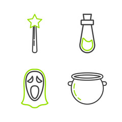 Poster - Set line Halloween witch cauldron, Funny and scary ghost mask for, Bottle with potion and Magic wand icon. Vector