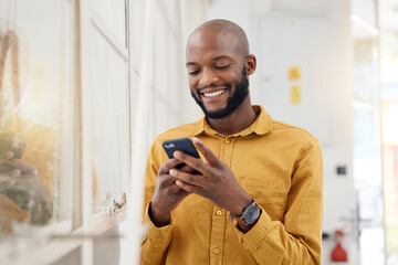 Poster - Happy black man, smartphone and typing in office for social media, networking and mobile contact. Business employee smile with cellphone, reading tech notification and information on digital news app