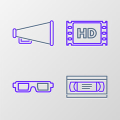 Poster - Set line VHS video cassette tape, 3D cinema glasses, 4k movie, frame and Megaphone icon. Vector