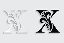Letter X. Black Flower Alphabet. Beautiful Capital Letters With Shadow	
