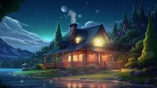 Peaceful Fantasy Nature Landscape Background With Traditional House On A Beautiful Lake With Calm Waters And Night Clear Sky Animation Background