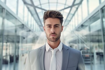 Portrait of successful young businessman standing in bright office building.