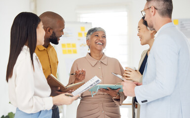 Poster - Tablet, collaboration and documents with a business team laughing in the office during a meeting. Technology, paper and funny with a manager talking to an employee group in a professional workplace