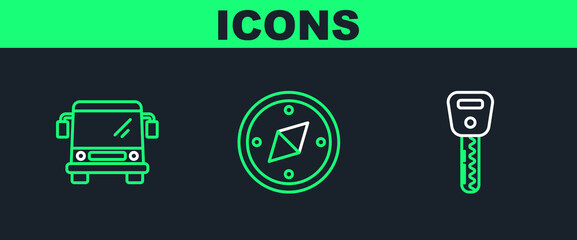 Sticker - Set line Car key, Bus and Compass icon. Vector