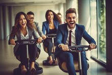 Group Of Cheerful Business People In Elegant Business Wear Having Fun While Racing On Chairs And Smiling At Office Hallway.