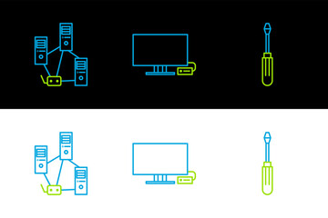 Poster - set line screwdriver, computer network and smart tv icon. vector