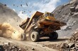 Industrial vehicles operating stone crusher machine in quarry - 3D render. Generative AI