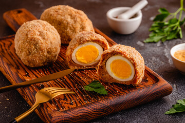 Wall Mural - Traditional Scotch Eggs on a wooden board.