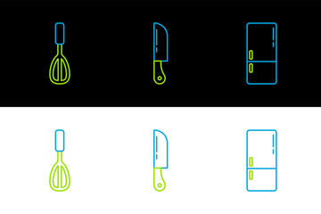 Sticker - Set line Refrigerator, Kitchen whisk and Knife icon. Vector