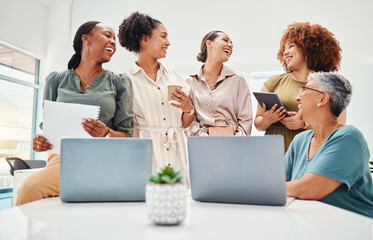 Poster - Creative women, meeting and teamwork, laptop and laughter, brainstorming and diversity at startup. Communication, comedy and collaboration, research and ideas with discussion and business strategy