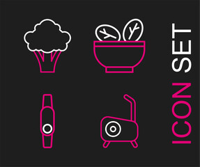 Sticker - Set line Stationary bicycle, Smartwatch, Salad in bowl and Broccoli icon. Vector