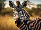 Fototapeta Konie - Up-Close Striking Zebra Portrait in Natural Habitat Created with Generative AI