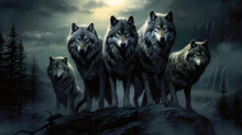 Enchanting Illustration Of A Wolf Pack Under The Moonlit Sky Created With Generative AI