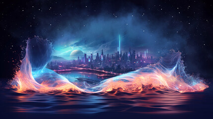 Wall Mural - neon wave, dark abstract background. ai generation