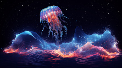 Wall Mural - neon wave, dark abstract background. ai generation