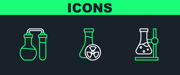 Poster - Set line Test tube flask on stand, and with toxic liquid icon. Vector