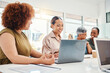 © Anela/peopleimages.com - Creative women, meeting and team, laptop and digital marketing with brainstorming at startup. Communication, connection and collaboration, research and ideas with discussion and business strategy