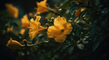 Yellow Flower Of Golden Trumpet Vine Plant.