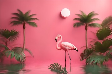  Pink flamingo and palm tree on pink summer background 