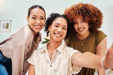 Selfie, fashion designer or portrait of women taking a photograph together for teamwork on break. Workplace, smile or excited group of happy employees in a picture for a social media memory or post