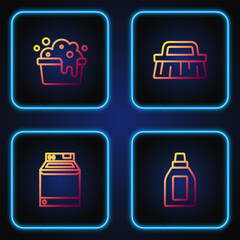 Sticker - Set line Bottle for cleaning agent, Washer, Basin with soap suds and Brush. Gradient color icons. Vector