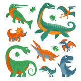 Fototapeta Dinusie - Dinosaurs set. Vector colorful flat icon isolated on white.