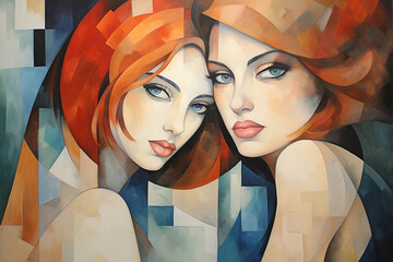 cubism portrait of two women. abstract wall art.painting in the interior. a modern poster. Generative AI