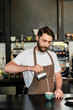 © LIGHTFIELD STUDIOS - bearded barista in apron pouring milk from pitcher while making cappuccino on bar in coffee shop