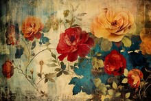 Decorate Your Walls Or Print With A Nostalgic Floral Poster Displaying Beautiful Flowers, Leaves, And A Grunge Design. Generative AI
