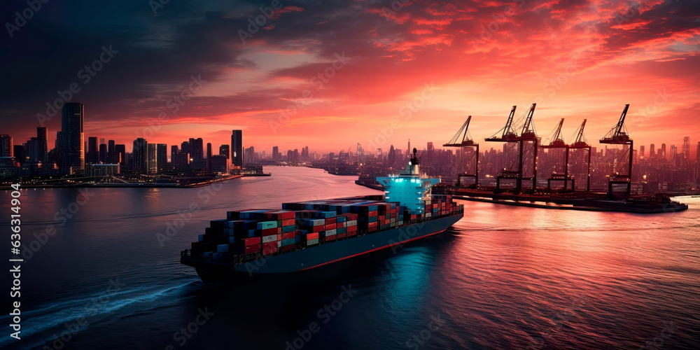 container ship entering a major port at dusk, with the city skyline in ...