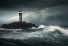 Beautiful Lighthouse In The Middle Of Stormy Sea.