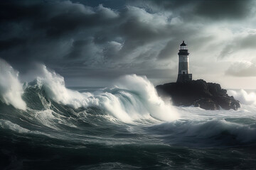 Beautiful lighthouse in the middle of stormy sea.