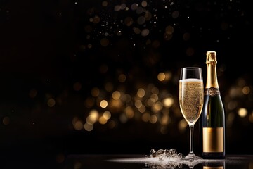 Dark festive glass of champagne and bottle on bokeh background