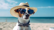 Cool looking Jack Russell Terrier dog wearing sunglasses and tilted straw hat. Beach and sea background with copyspace. Stylish animal posing as supermodel. Digital illustration generative AI.