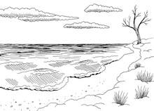Seashore In Winter Graphic Beach Black White Landscape Sketch Illustration Vector