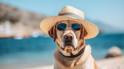 Wall Mural - Cool looking  Labrador Retriever dog wearing sunglasses and tilted straw hat. Beach and sea background with copyspace. Stylish animal posing as supermodel. Digital illustration generative AI.