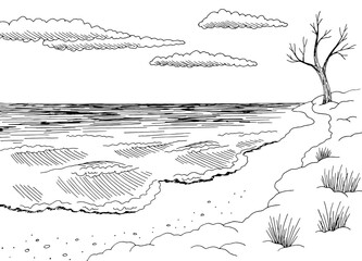 Seashore in winter graphic beach black white landscape sketch illustration vector