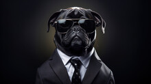 Cool Looking Pug Dog Wearing Suit, Tie And Sunglasses Isolated On Dark Background With Copyspace For Text. Digital Illustration Generative AI.