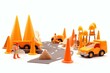 Road construction with steamroller, cones, signs, and barriers on white background. Generative AI