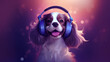 Illustration of Happy Spaniel dog in headphones on a purple background.