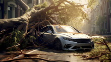 A Huge Tree Fell On The Car. Tree Uprooted By The Wind As A Result Of A Natural Disaster