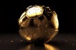 A rendered golden soccer ball on various surfaces and backgrounds. Generative AI