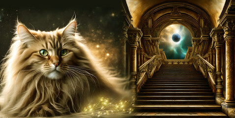 Wall Mural - beautiful mystical magic cat with fantasy gate with universe like artistic mystic concept of spiritual guardian animal
