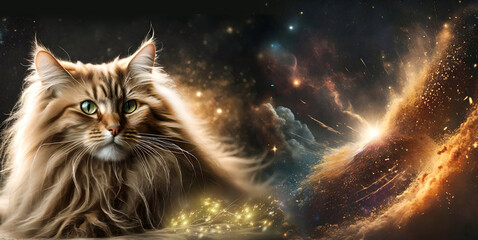 Wall Mural - beautiful mystical magic cat with cosmic dust, universe and stars like divine magical spiritual cosmic animals concept 