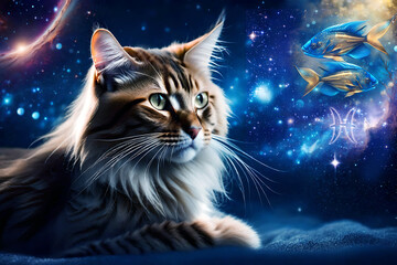 Wall Mural - beautiful mystical guardian cat of zodiac sign Pisces over blue universe with stars like astrology cosmic, spiritual and zodiacal concept 
