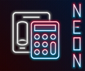 Poster - Glowing neon line Calculator icon isolated on black background. Accounting symbol. Business calculations mathematics education and finance. Colorful outline concept. Vector