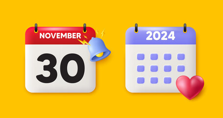 Canvas Print - Calendar date 3d icon. 30th day of the month icon. Event schedule date. Meeting appointment time. 30th day of November month. Calendar event reminder date. Vector