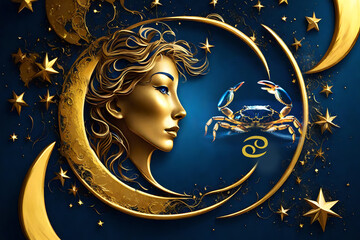 Wall Mural - Luna a crescent of Moon with zodiac sign Cancer with stars in artistic gold and blue style with AI elements like Lunar astrology concept 