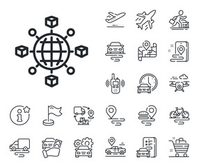 Poster - Parcel tracking sign. Plane, supply chain and place location outline icons. Logistics network line icon. Goods distribution symbol. Logistics network line sign. Vector